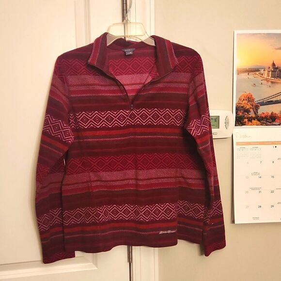 Eddie Bauer Women's Quarter Zip Fleece Pullover Red Southwestern Print Size M - Picture 1 of 8